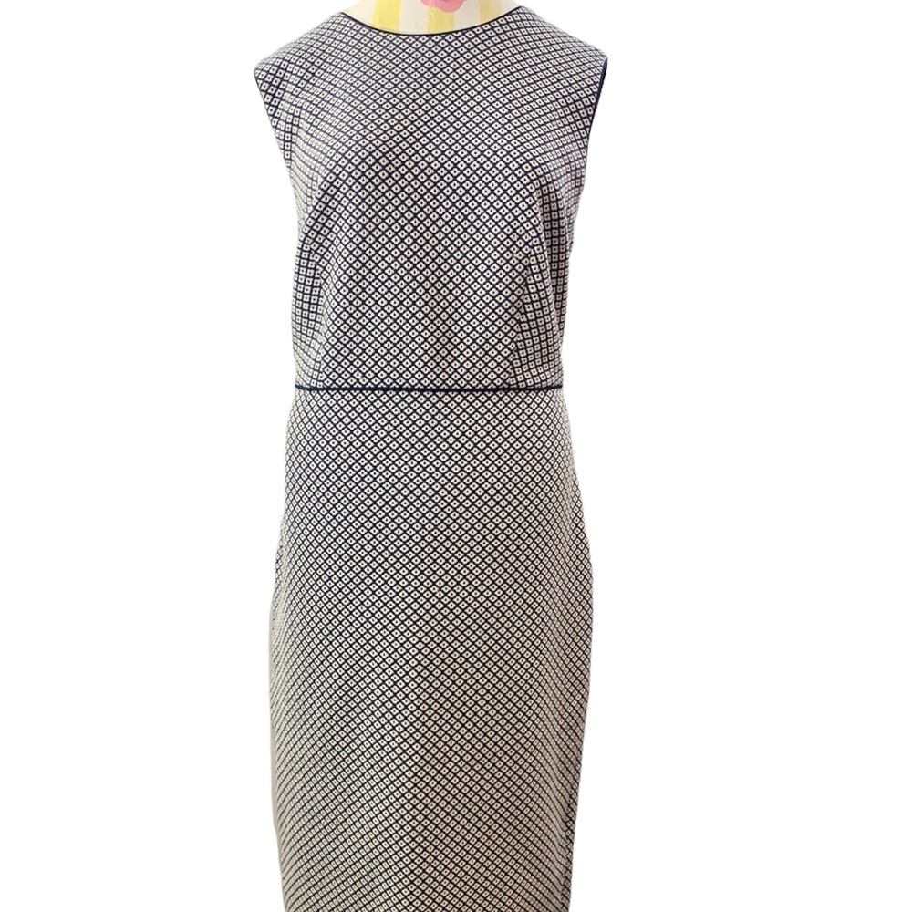 Ann Taylor Sleeveless Dress Round Neck Navy Blue White Geometric Print Career 12